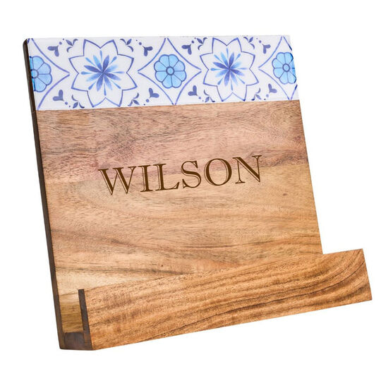 Personalized Acacia Blue and White Enamel Cookbook Holder